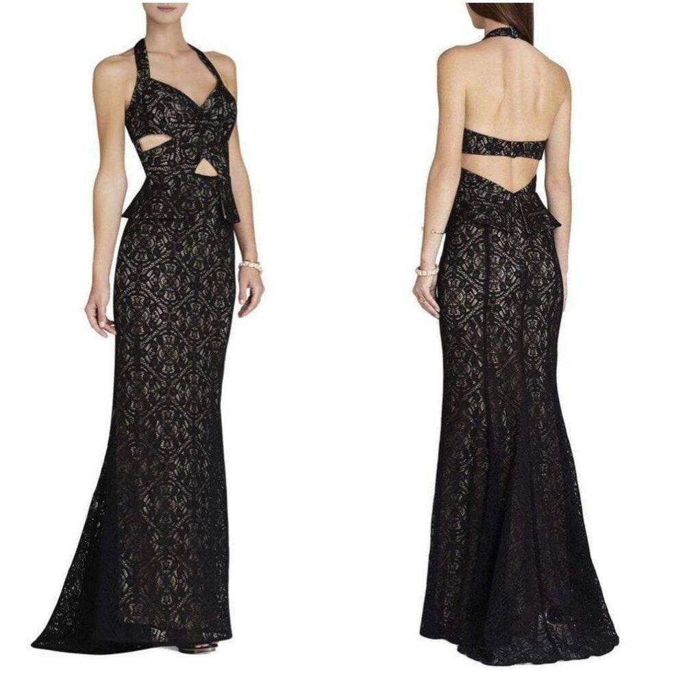 BCBGMAXAZRIA Daga Gown Cutout Halter Lace Peplum Illusion Long Formal Maxi Dress